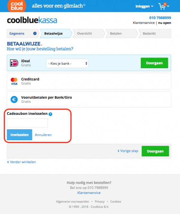 Cooblue cadeaubon bestelproces